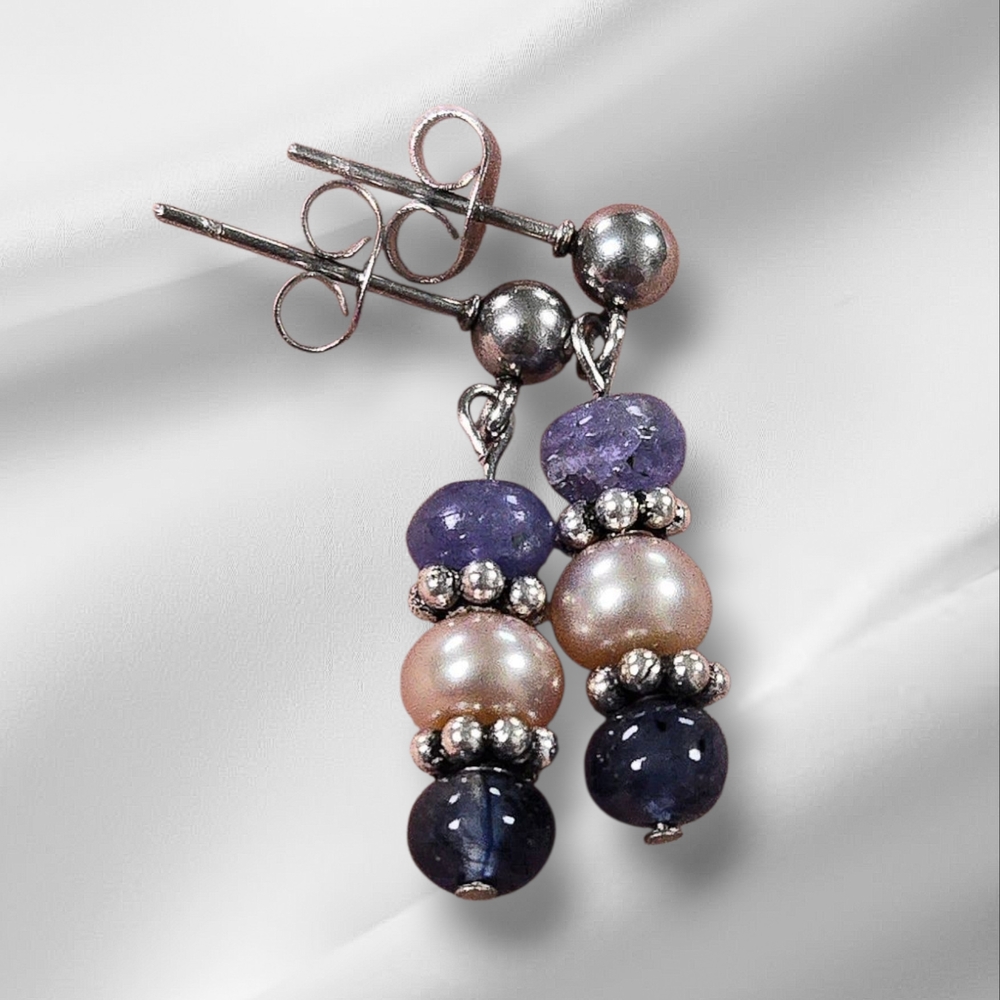 Tanzanite, Sapphire, And Pearl Stainless Steel Post Earrings
